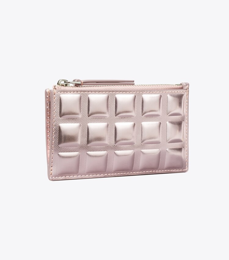 Tory Burch designer kartenetuis Fleming Kartenetui in Metallic mit Quadratsteppung und Reißverschluss in Sparkle Pink angle