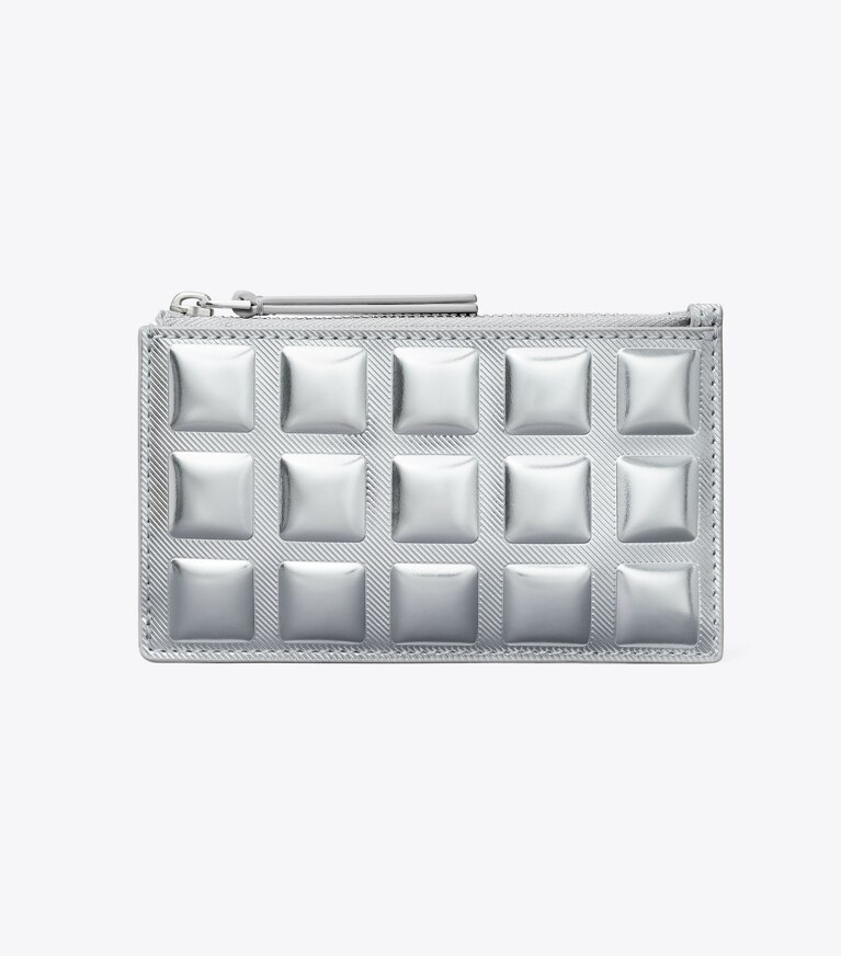 Tory Burch designer kartenetuis Fleming Kartenetui in Metallic mit Quadratsteppung und Reißverschluss in Silver angle