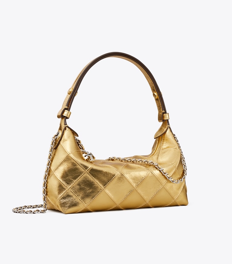 Tory Burch designer crossbody bags Fleming Metallic Pochette in Gold Leaf angle