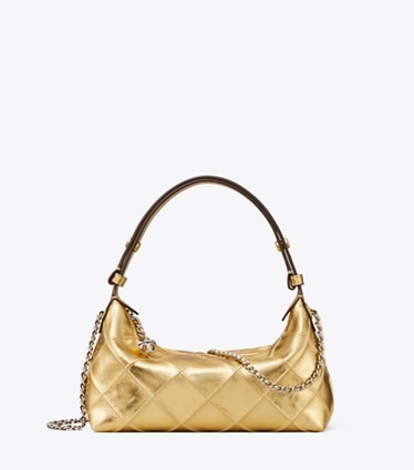 Tory Burch designer crossbody bags Fleming Metallic Pochette in Gold Leaf front