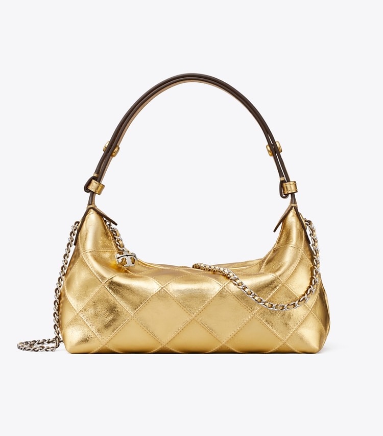 Tory Burch designer crossbody bags Fleming Metallic Pochette in Gold Leaf front