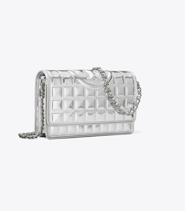 Tory Burch designer crossbody bags Fleming Metallic Quilt Crossbody in Silver angle