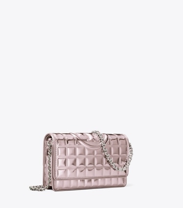 Tory Burch designer mini bags Fleming Metallic Quilt Crossbody in Sparkle Pink angle