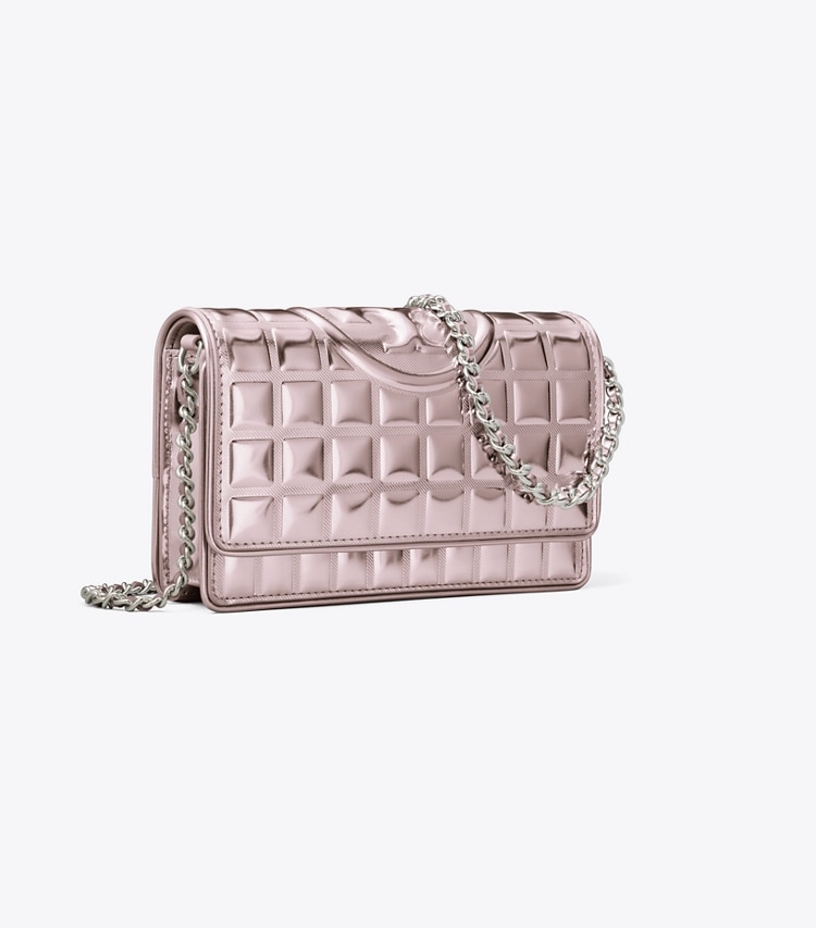 Tory Burch designer mini bags Fleming Metallic Quilt Crossbody in Sparkle Pink angle