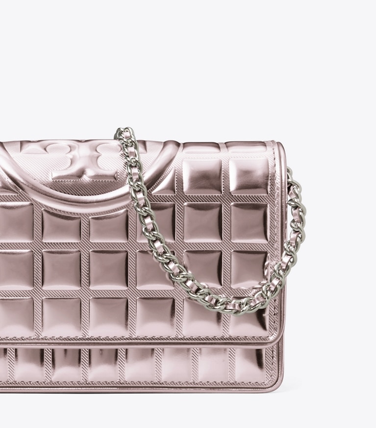 Tory Burch designer mini bags Fleming Metallic Quilt Crossbody in Sparkle Pink angle