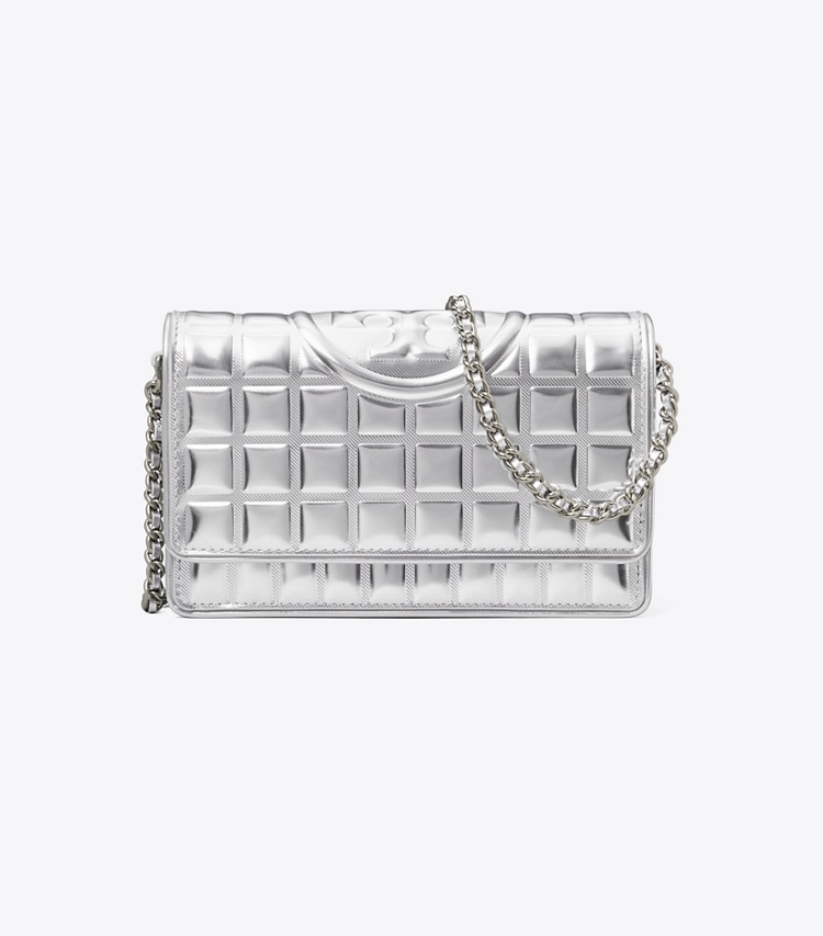 Tory Burch designer crossbody bags Fleming Metallic Quilt Crossbody in Silver front