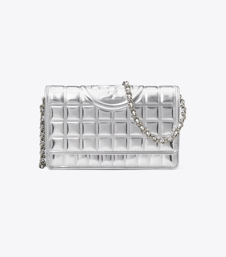Tory Burch designer crossbody bags Fleming Metallic Quilt Crossbody in Silver front