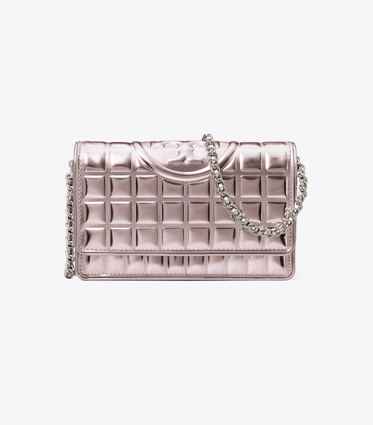 Tory Burch designer mini bags Fleming Metallic Quilt Crossbody in Sparkle Pink front