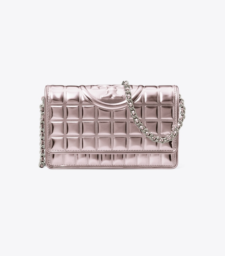 Tory Burch designer mini bags Fleming Metallic Quilt Crossbody in Sparkle Pink angle