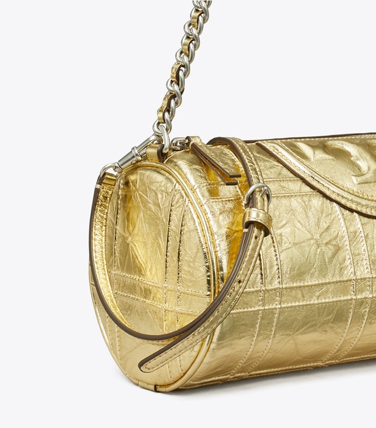 Tory Burch designer crossbody bags Fleming Metallic Soft Barrel Bag in Gold angle