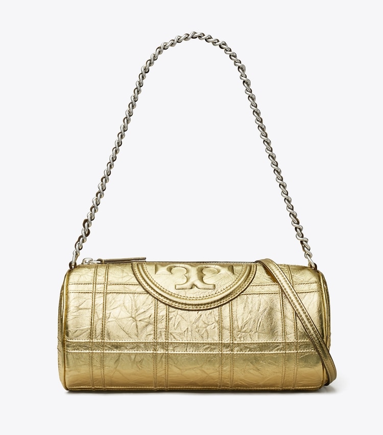Tory Burch designer crossbody bags Fleming Metallic Soft Barrel Bag in Gold front