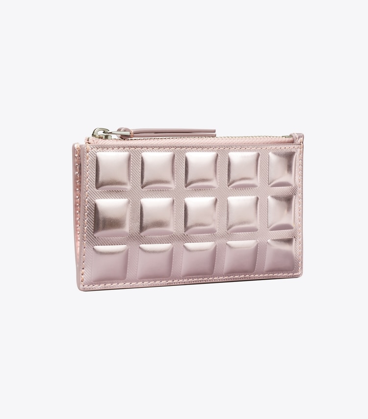 Tory Burch designer card cases Fleming Metallic Square Quilt Zip Card Case in Sparkle Pink angle