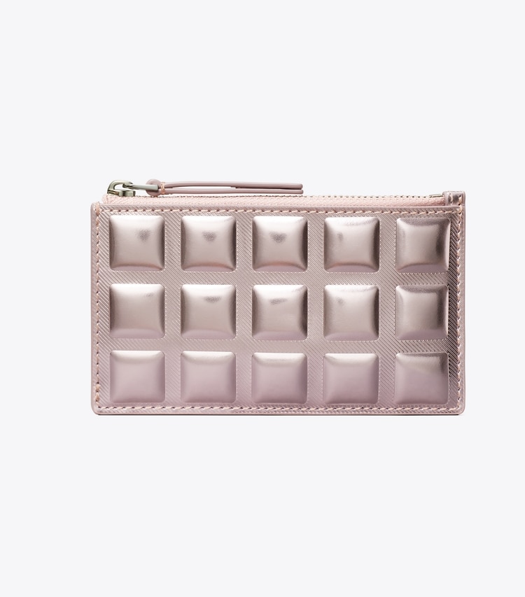 Tory Burch designer card cases Fleming Metallic Square Quilt Zip Card Case in Sparkle Pink front