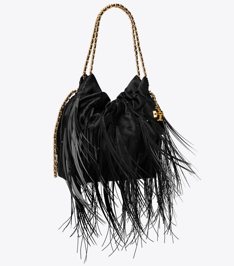 Tory Burch designer crossbody bags Fleming Mini Bag mit Federn und Tunnelzug in Black angle