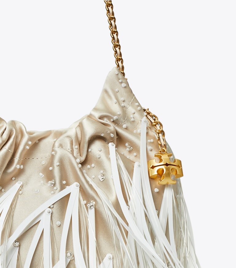 Tory Burch designer crossbody bags Fleming Mini Bag mit Federn und Tunnelzug in Stone angle