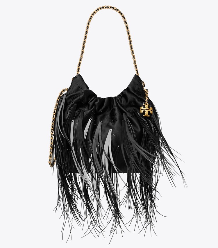 Tory Burch designer crossbody bags Fleming Mini Bag mit Federn und Tunnelzug in Black front