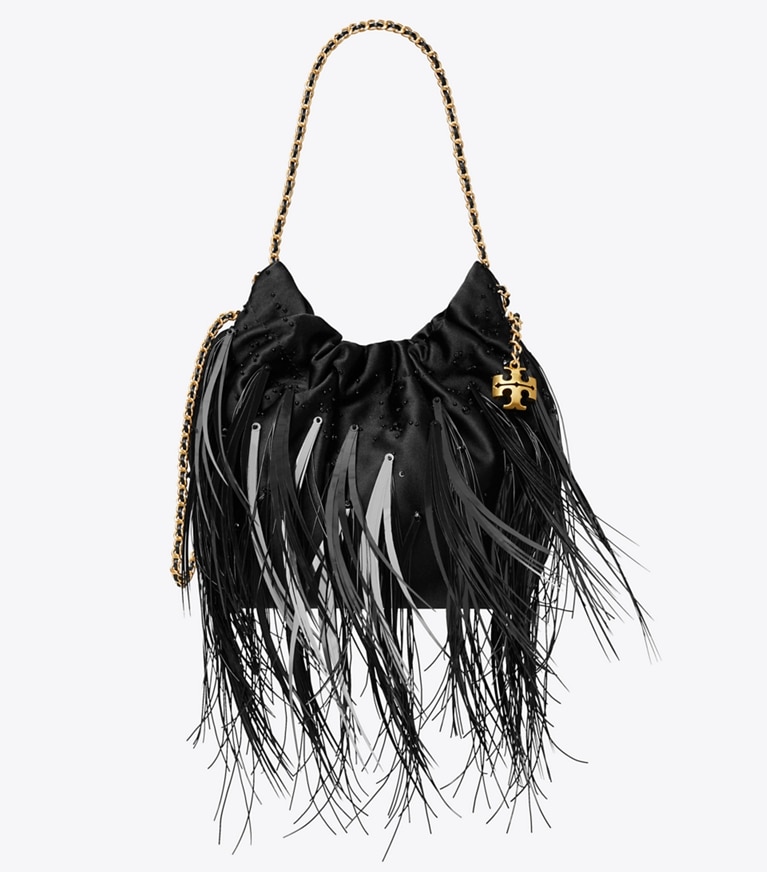 Tory Burch designer crossbody bags Fleming Mini Bag mit Federn und Tunnelzug in Black front
