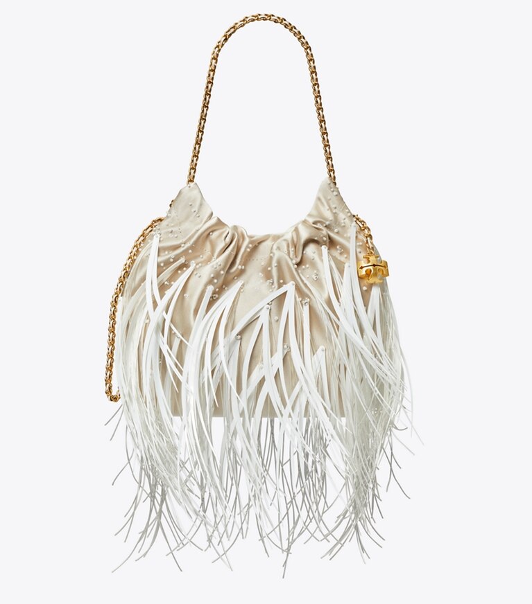 Tory Burch designer crossbody bags Fleming Mini Bag mit Federn und Tunnelzug in Stone angle