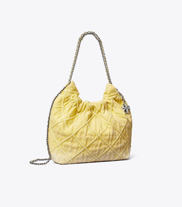 Tory Burch designer crossbody bags Fleming Mini Hobo Bag aus weichem Denim in Yellow angle