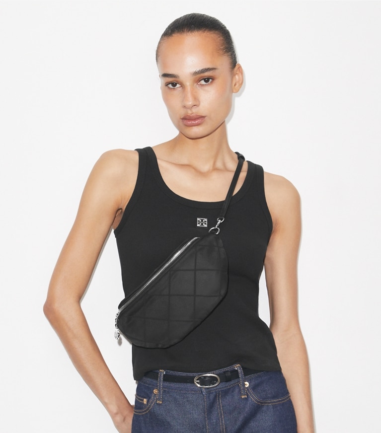 Tory Burch designer belt bags Fleming Nylon Belt Bag in Black accessory on model