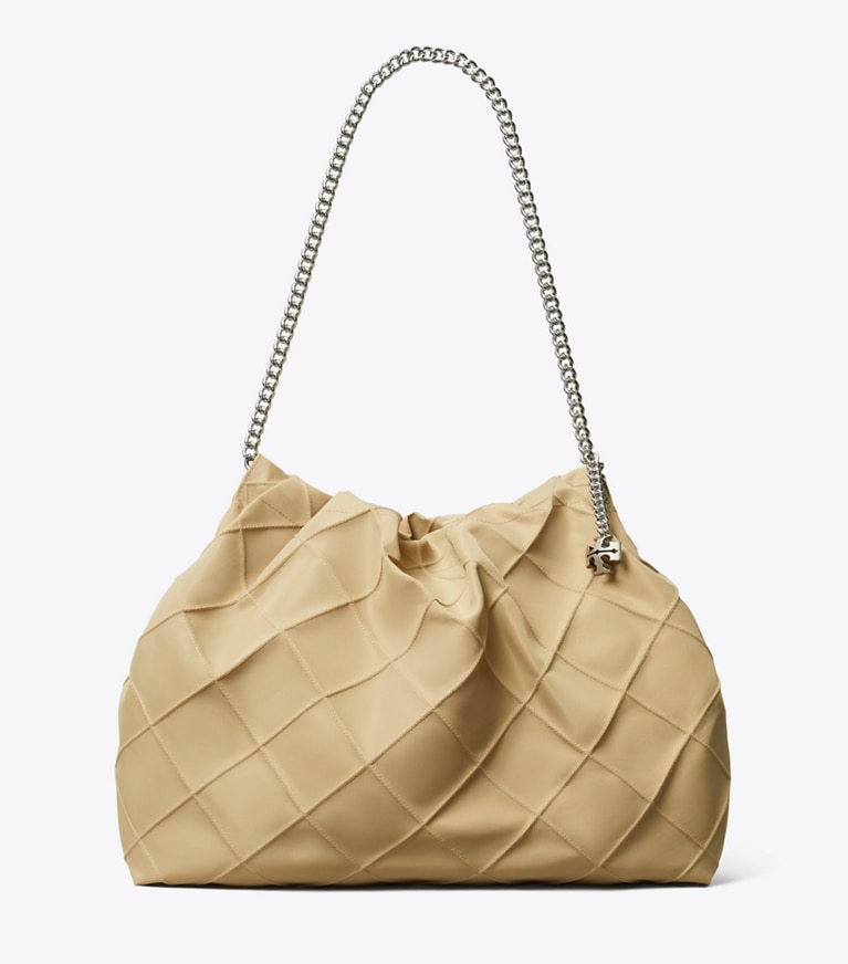 Tory Burch designer hobo bags Fleming Nylon Hobo Bag in Praline front