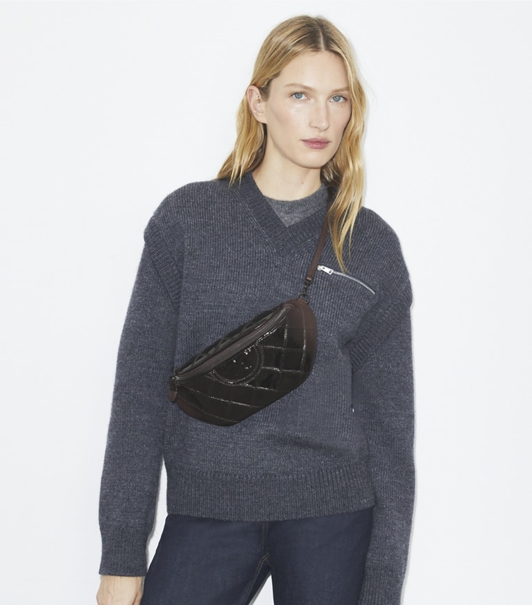 Tory Burch designer belt bags Fleming Patent Belt Bag in Deep Burgundy angle