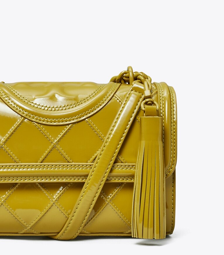 Tory Burch designer shoulder bags Fleming Patent Pintuck Small Convertible Shoulder Bag in ISLAND PALM angle
