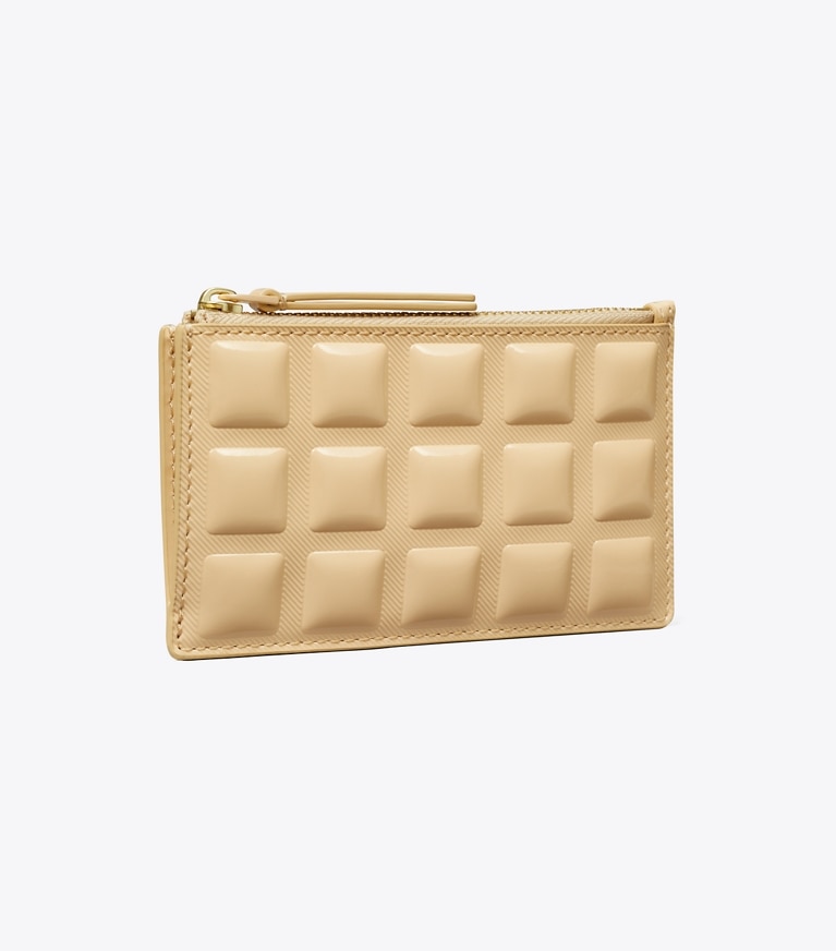 Tory Burch designer card cases Fleming Patent Square Quilt Zip Card Case in Vanilla Soft Serve angle