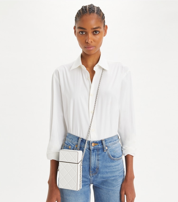 Tory Burch designer mini bags Fleming Phone Crossbody in Blanc accessory on model