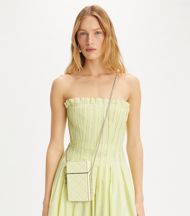 Tory Burch designer mini bags Fleming Phone Crossbody in Frozen Zest accessory on model