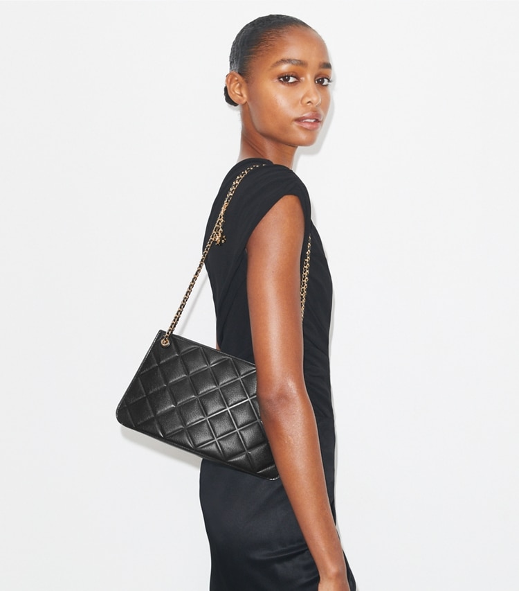 Tory Burch designer shoulder bags Fleming Pochette in Black accessory on model