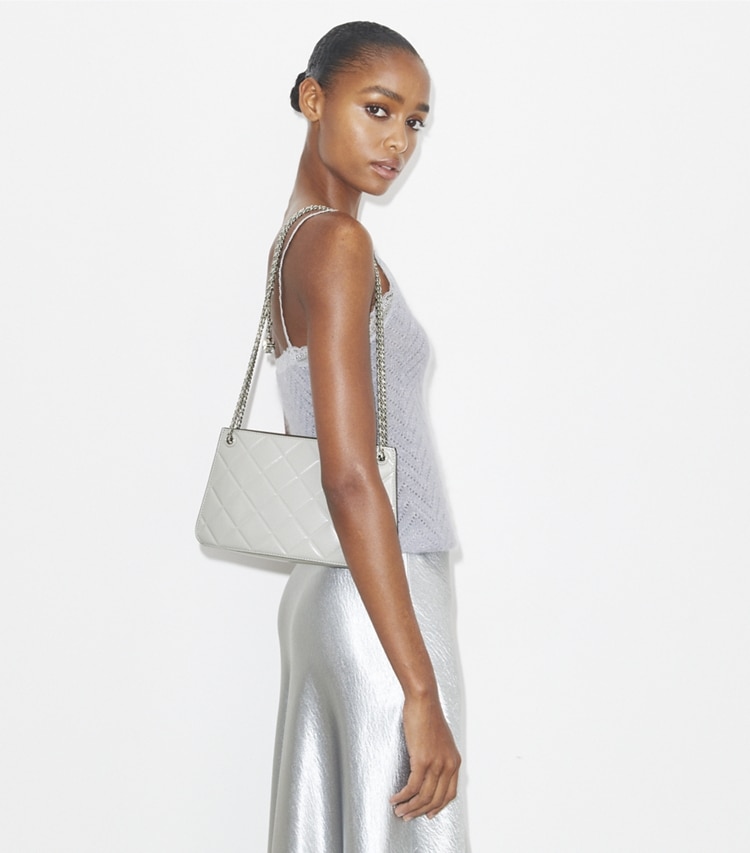 Tory Burch designer shoulder bags Fleming Pochette in Gray accessory on model