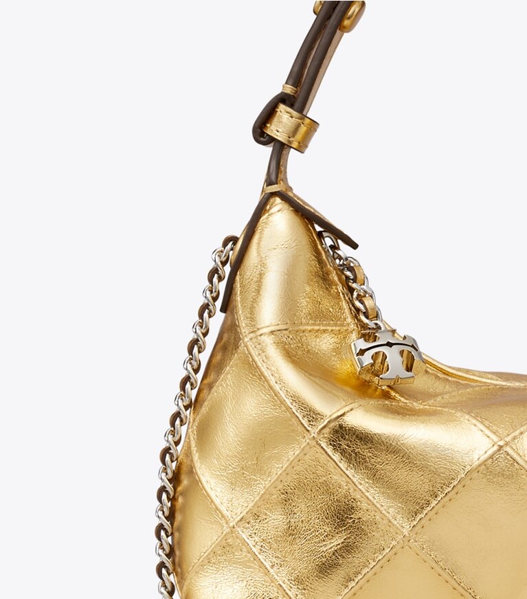 Tory Burch designer crossbody bags Fleming Pochette in Metallic-Optik in Gold Leaf detail