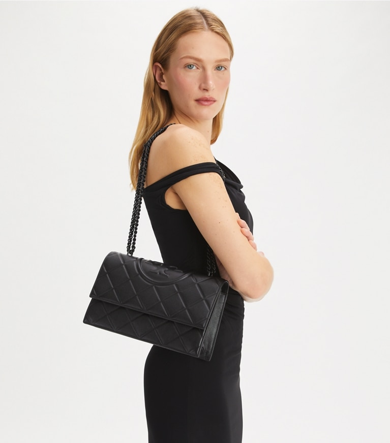 Tory Burch designer shoulder bags Fleming Polished-Grain Convertible Shoulder Bag in Black/Black angle