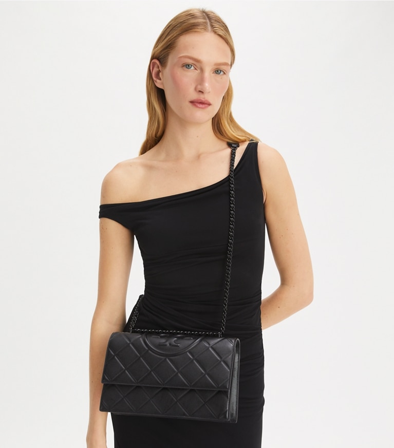 Tory Burch designer shoulder bags Fleming Polished-Grain Convertible Shoulder Bag in Black/Black angle