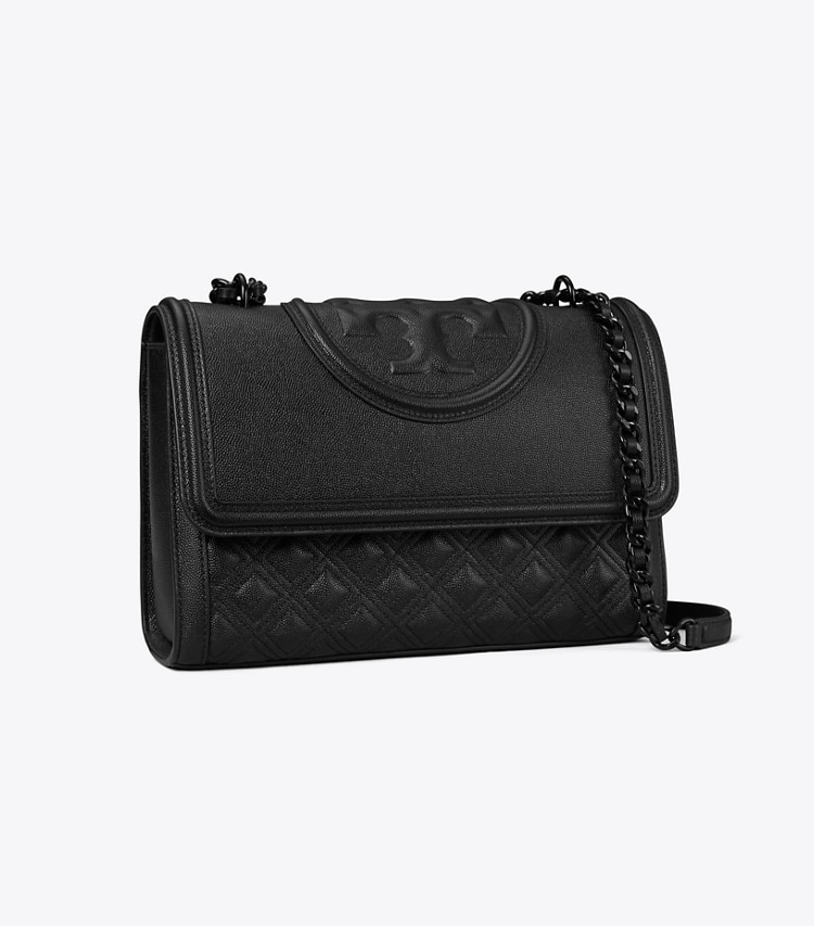 Tory Burch designer shoulder bags Fleming Polished-Grain Convertible Shoulder Bag in Black/Black angle