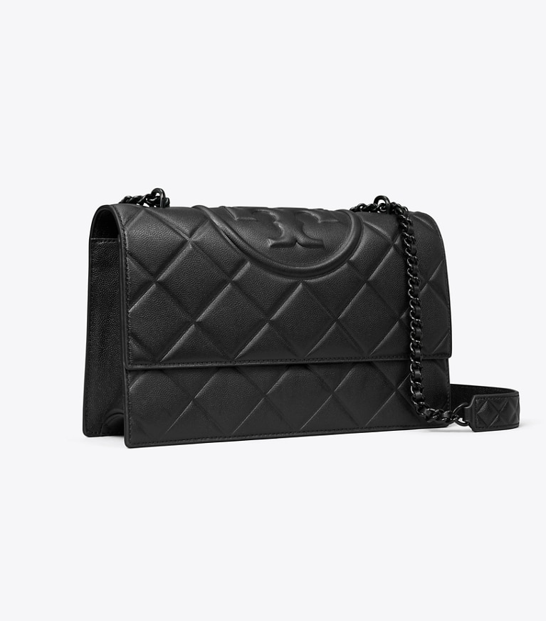 Tory Burch designer shoulder bags Fleming Polished-Grain Convertible Shoulder Bag in Black/Black angle