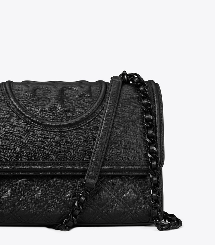 Tory Burch designer shoulder bags Fleming Polished-Grain Convertible Shoulder Bag in Black/Black detail