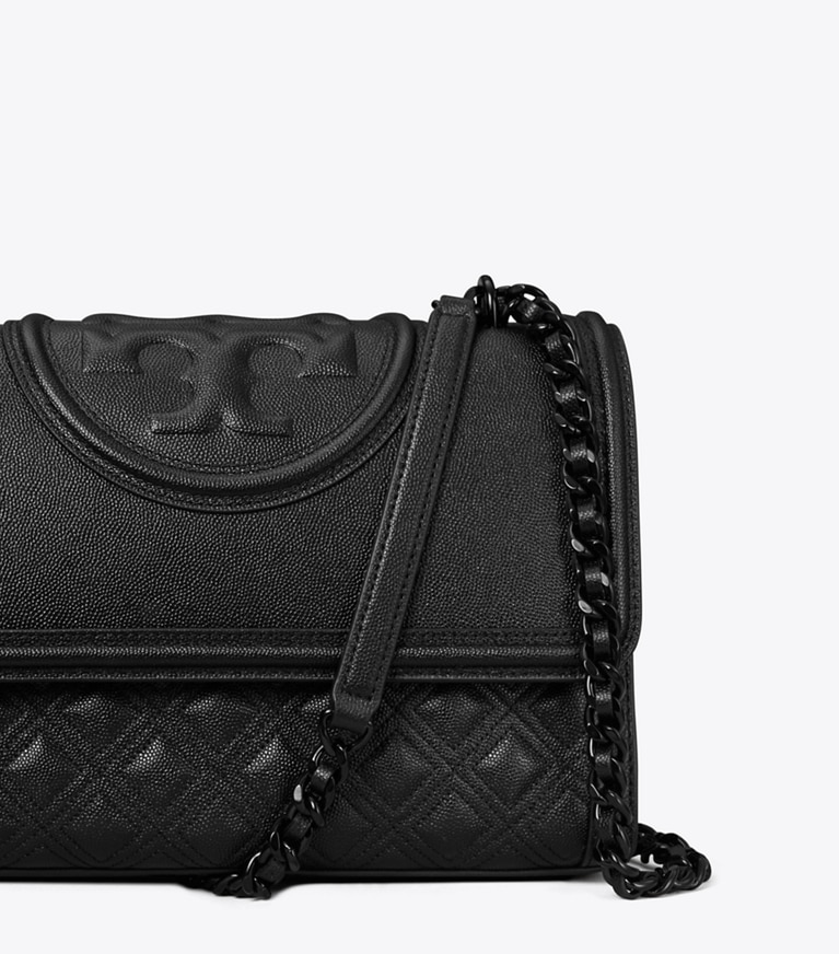 Tory Burch designer shoulder bags Fleming Polished-Grain Convertible Shoulder Bag in Black/Black angle