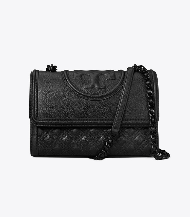 Tory Burch designer shoulder bags Fleming Polished-Grain Convertible Shoulder Bag in Black/Black front
