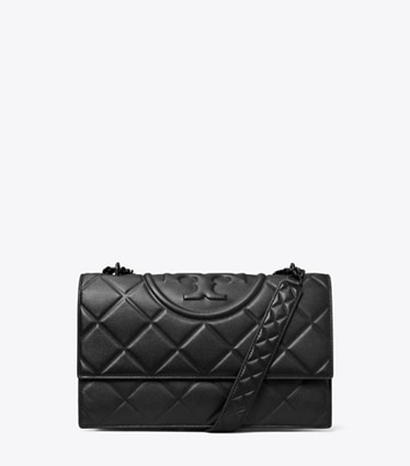 Tory Burch designer shoulder bags Fleming Polished-Grain Convertible Shoulder Bag in Black/Black front
