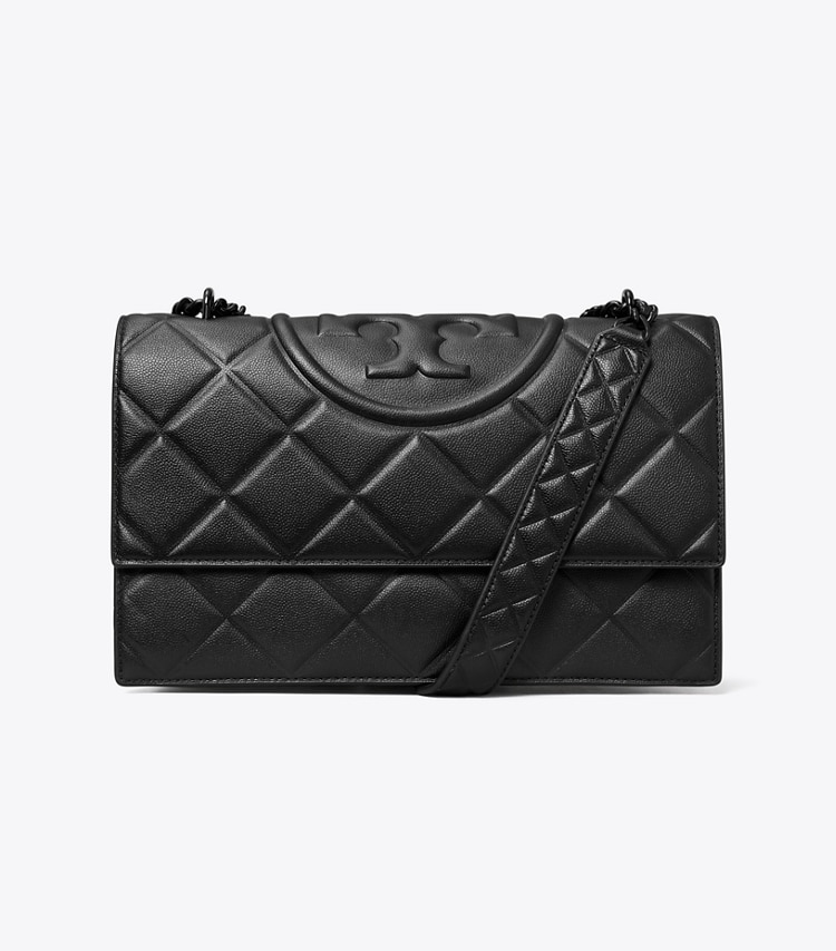 Tory Burch designer shoulder bags Fleming Polished-Grain Convertible Shoulder Bag in Black/Black front