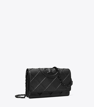 Tory Burch designer mini bags Fleming Polished-Grained Chain Wallet in Black angle