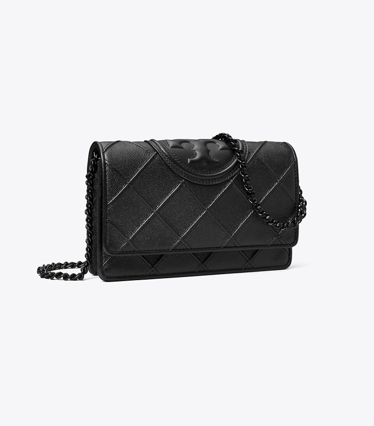 Tory Burch designer mini bags Fleming Polished-Grained Chain Wallet in Black angle