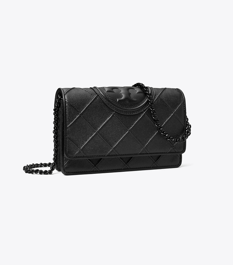 Tory Burch designer mini bags Fleming Polished-Grained Chain Wallet in Black angle