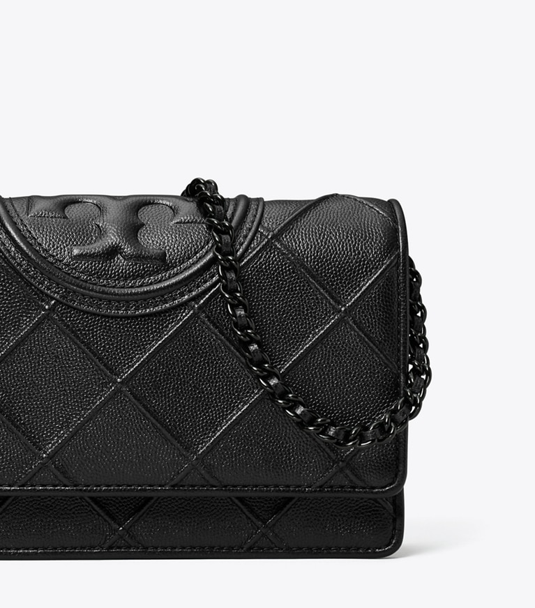 Tory Burch designer mini bags Fleming Polished-Grained Chain Wallet in Black angle