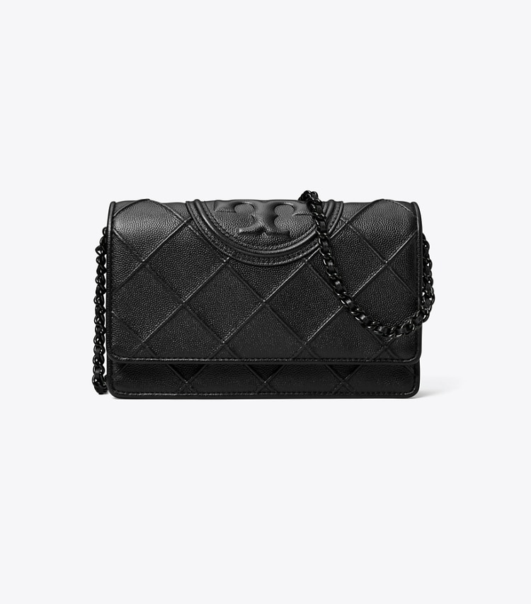 Tory Burch designer mini bags Fleming Polished-Grained Chain Wallet in Black front