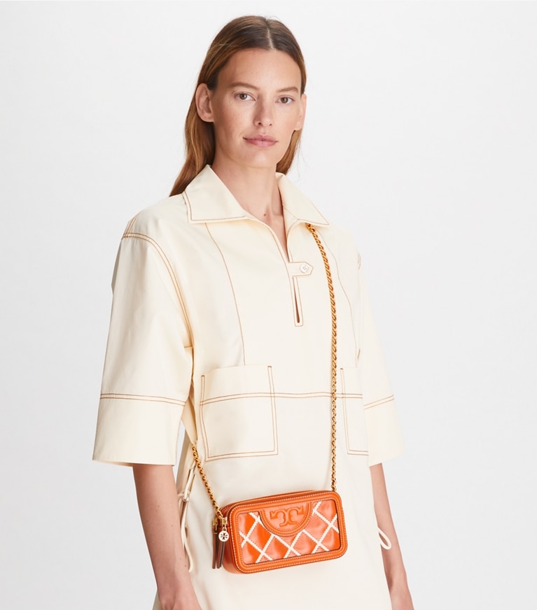 Tory Burch designer crossbody bags Fleming Pop Quilt Double-Zip Mini Bag in SPRING SPICE angle