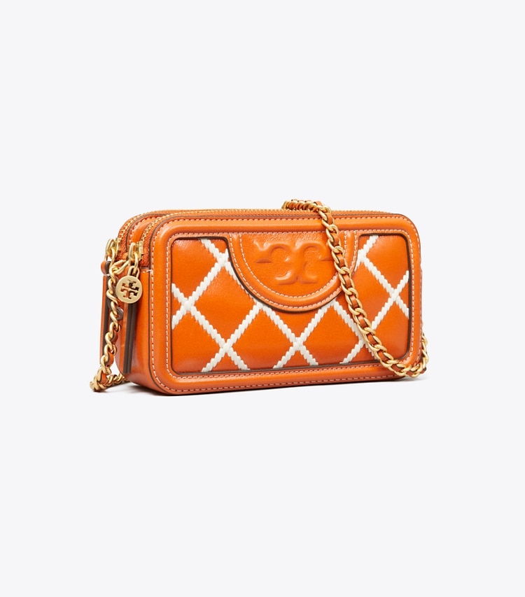 Tory Burch designer crossbody bags Fleming Pop Quilt Double-Zip Mini Bag in SPRING SPICE angle