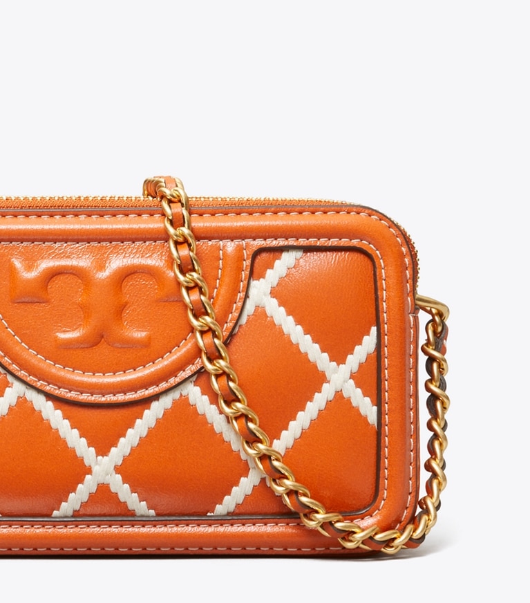 Tory Burch designer crossbody bags Fleming Pop Quilt Double-Zip Mini Bag in SPRING SPICE angle